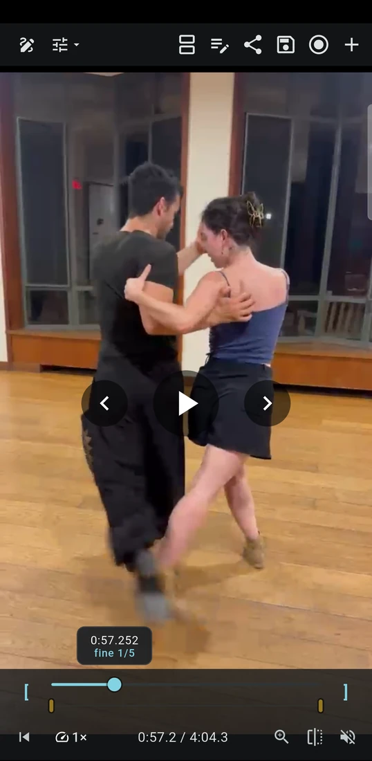 A tango couple mid-step in InForm, the scrub bar showing fine one-fifth speed and frame-step arrows over the video.